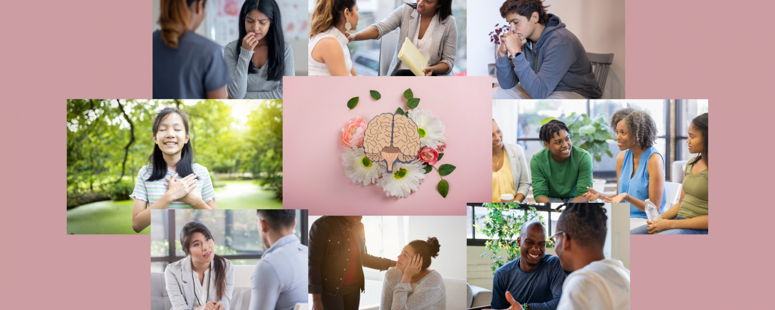 Collage of multicultural groups in mental health scenarios such as support groups and therapy sessions