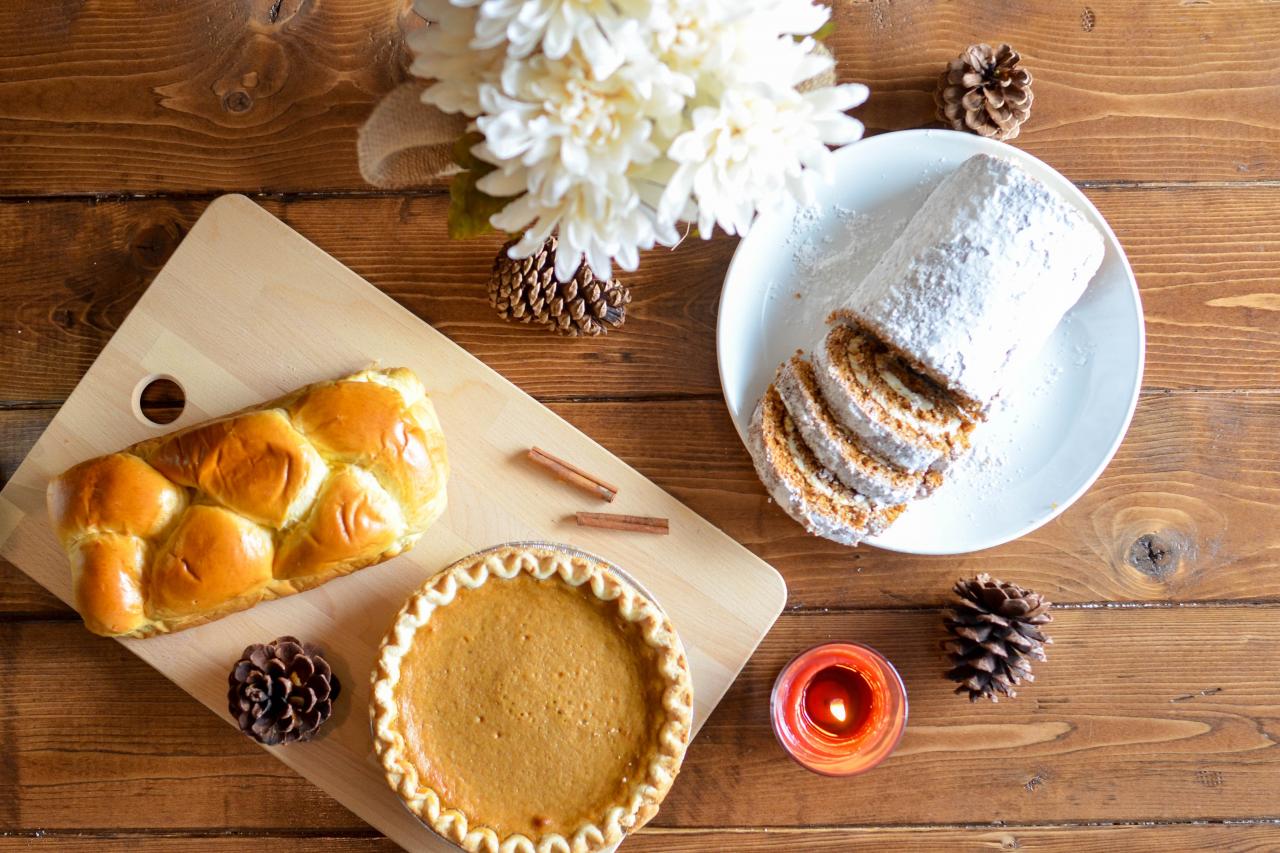 bread, roll cake, and pumpkin pie