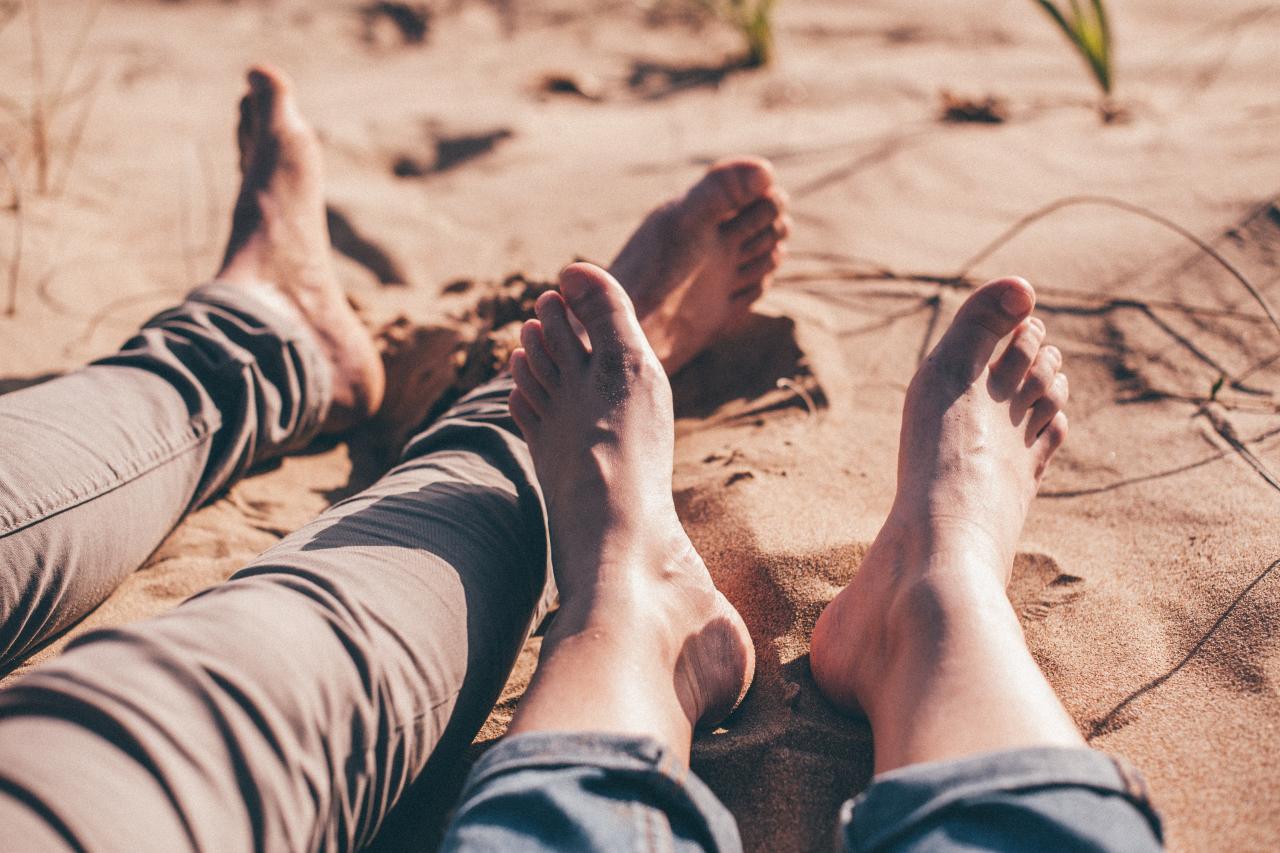 a picture of two people's feet on the sand