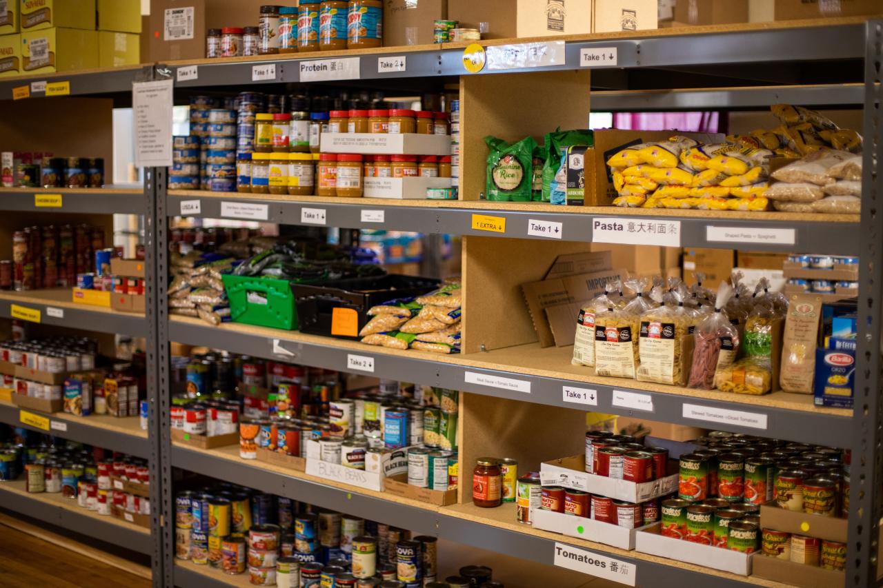 a shelf of items at a food pantry