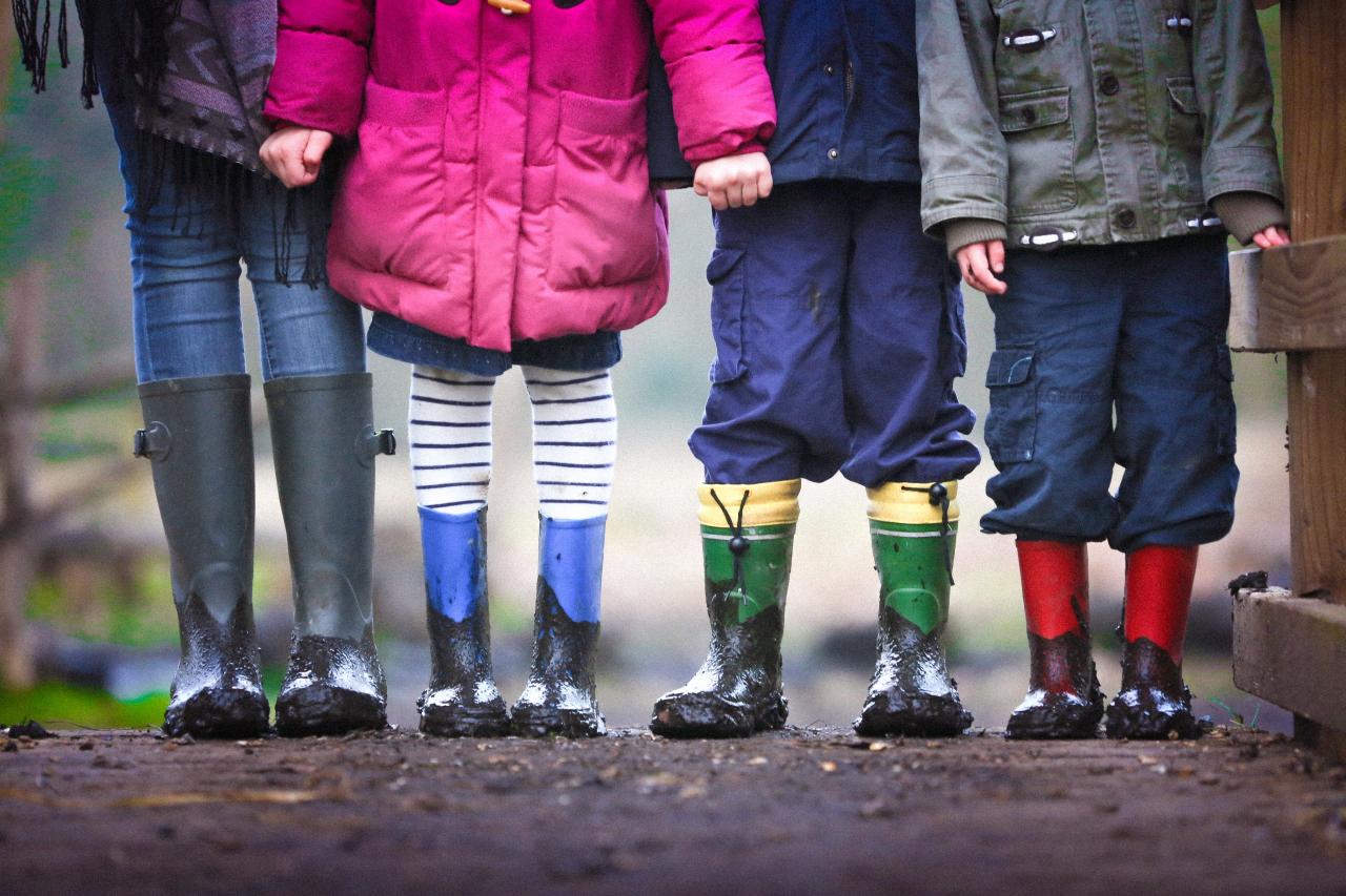 four children standing together. the picture focuses on the children's galoshes and coats
