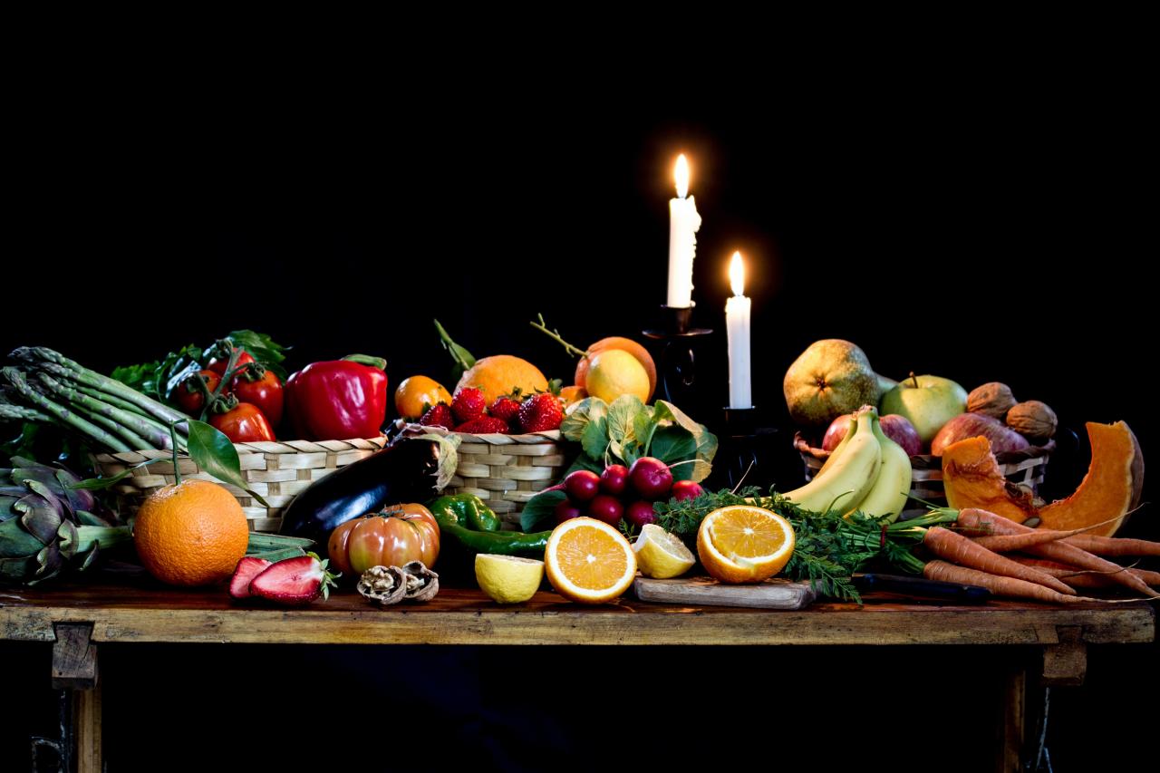 a table of different fruits and vegetables