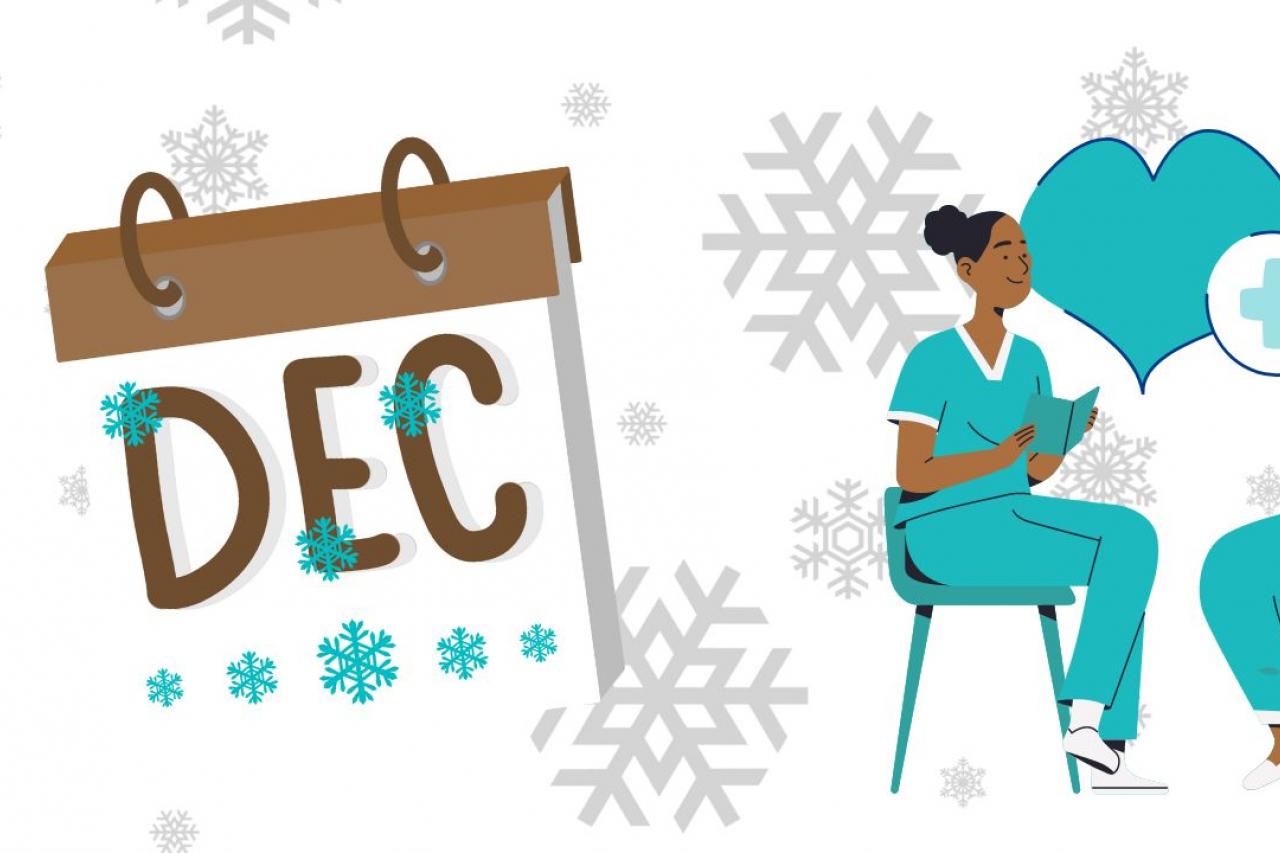 image with snowflakes and sign saying DEC, nurse talking to an elderly patient with a heart behind them