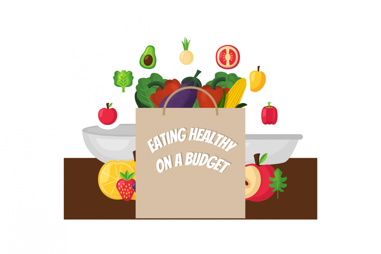 A brown paper bag full of fruits and vegetables with "Eating Healthy on a Budget" written on it, set on top of a table with a pair of bowls catching all kinds of fruits and veggies.