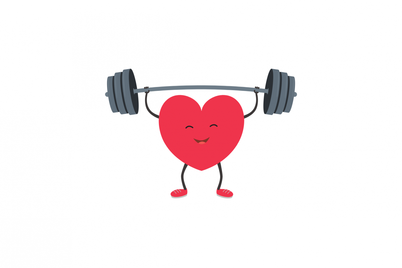 A smiling anthropomorphic heart lifting a barbell weight.