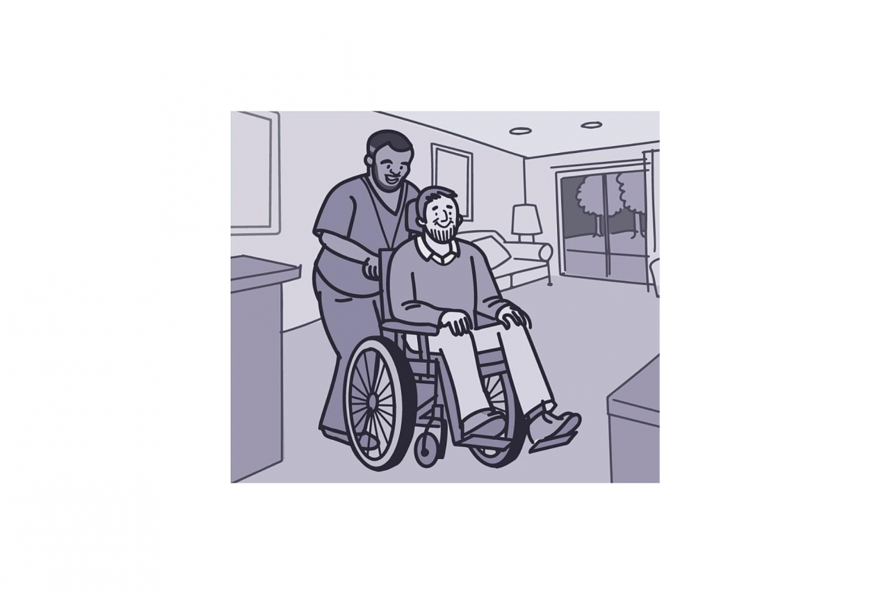 Illustration of a health care worker pushing a person with ALS in a wheelchair