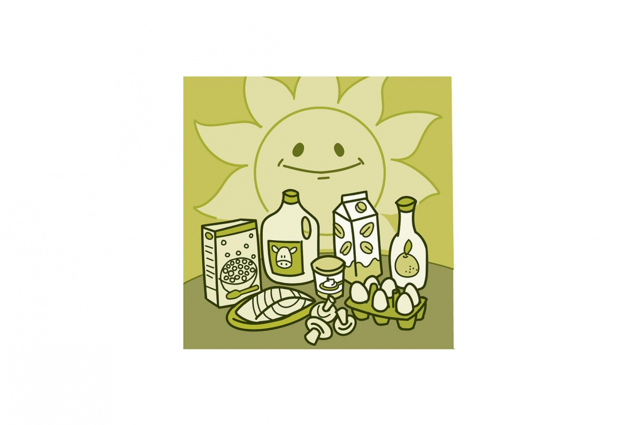 Illustration of the sun shining down on foods with vitamin D