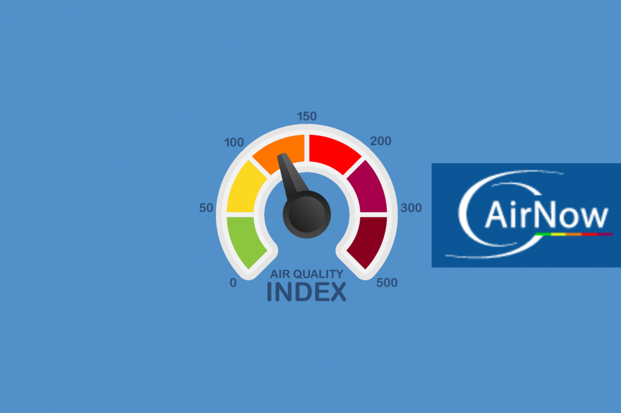 Logotipo de AirNow con un gráfico de medidor de índice de calidad del aire al lado