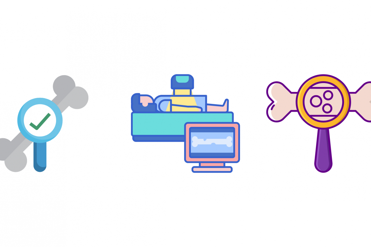 Bone density testing icons on both sides of an illustration of someone undergoing a bone density imaging test