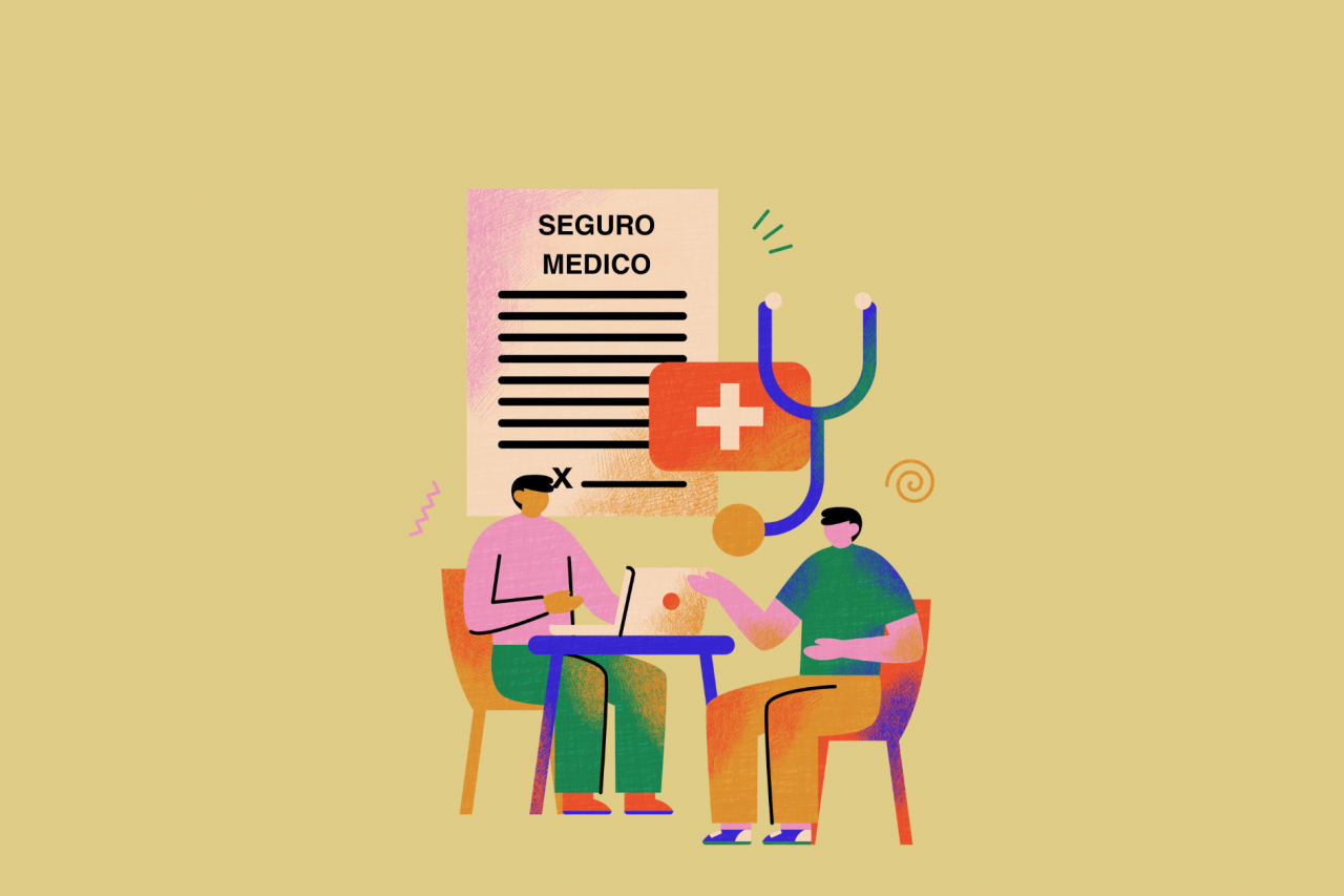 Illustration of 2 people talking at a table with a computer reviewing health insurance info