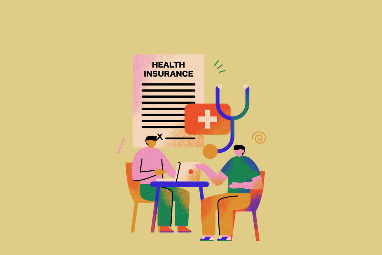 Illustration of 2 people talking at a table with a computer reviewing health insurance info