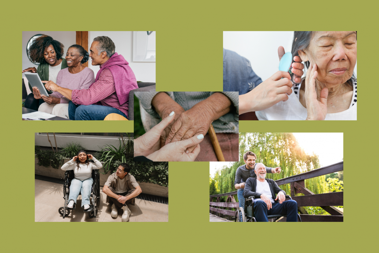 A collage of 5 photos. Top row: picture of black family with older mom and dad reading something with their adult daughter; picture of caregiver combing an elderly woman's hair. Center: picture of caregiver kindly holding elderly caregivee's hands. Bottom row: picture of young woman with disability in a wheelchair hanging out with her young caregiver sitting beside her; picture of young son pointing at something while on a walk with elderly dad in wheelchair