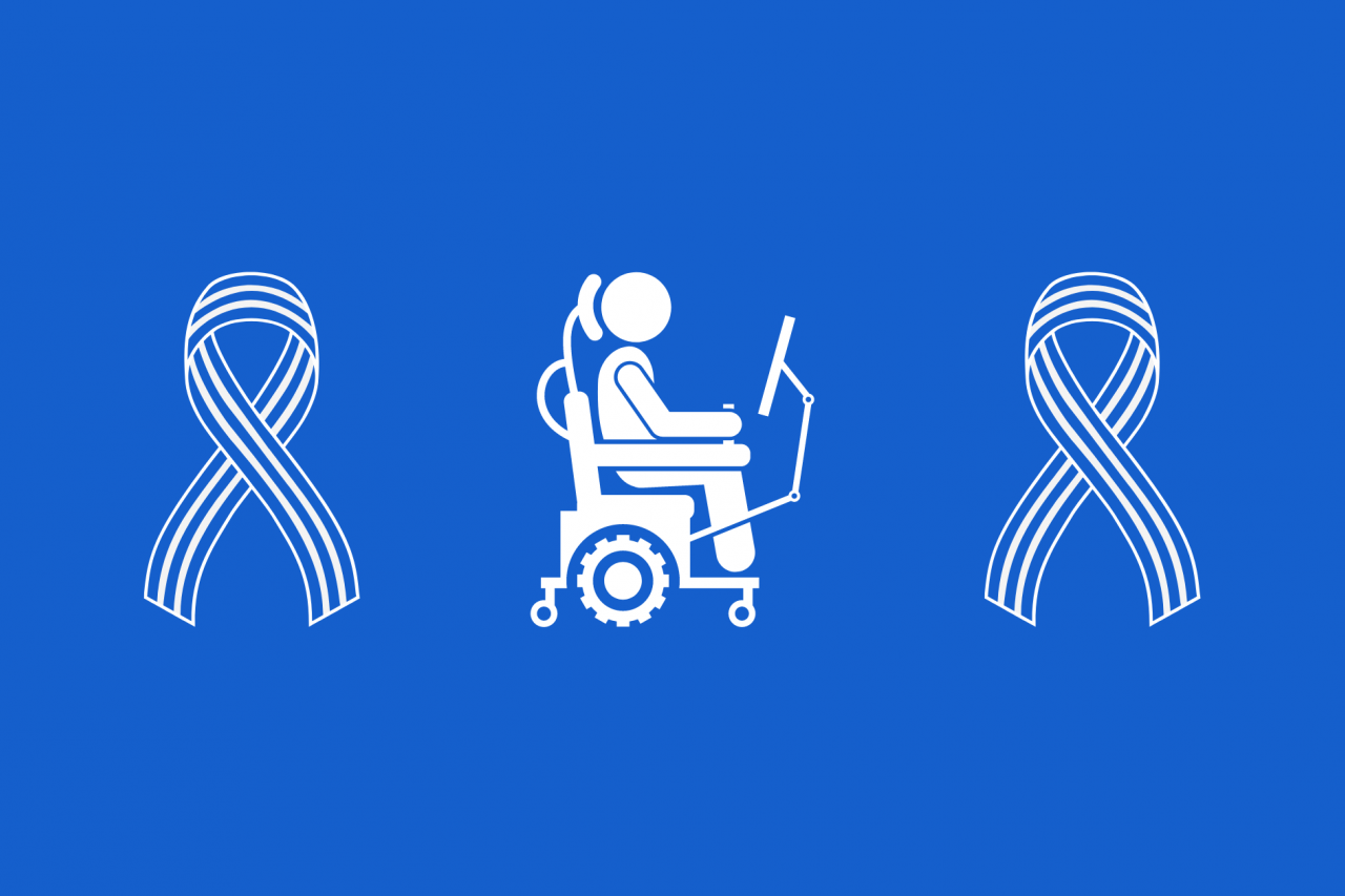 ALS patient wheelchair icon with Amyotrophic Lateral Sclerosis awareness ribbons on each side