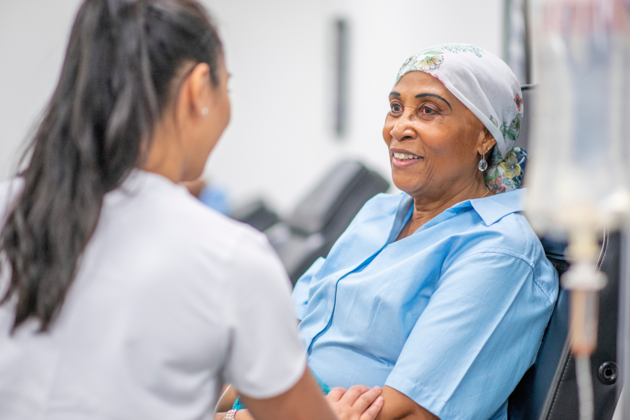 Senior adult woman in the oncology unit receiving chemotherapy treatment