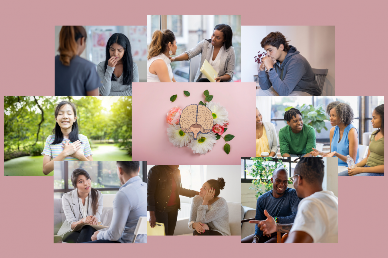 Collage of multicultural groups in mental health scenarios such as support groups and therapy sessions