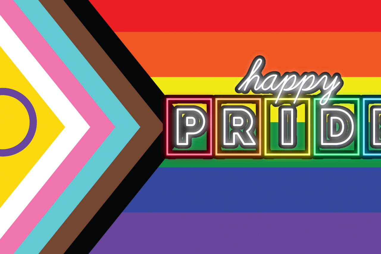 Happy Pride neon text with the Progress Pride Flag in the background