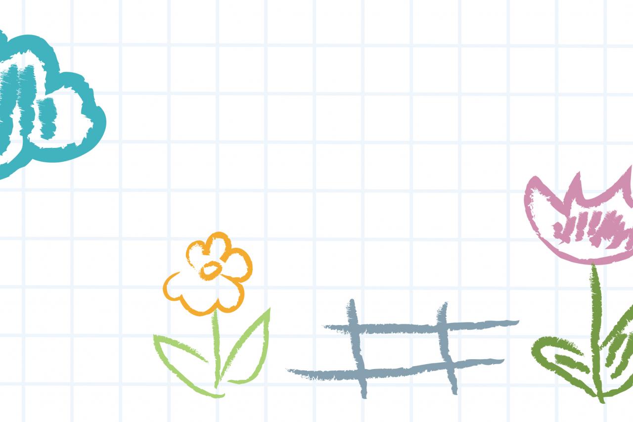 child's crayon drawing of a house, flowers, fruit tree, bumble bee, and a rainbow in the sky with clouds