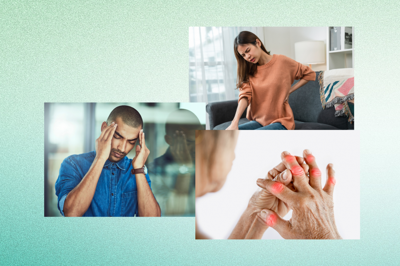 woman with back pain; man with headache; elderly woman with arthritis pain in hands