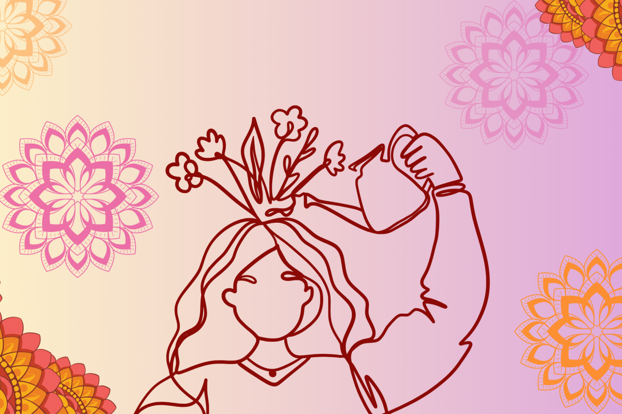 mental health illustration of woman pouring water on flowers growing out of her head surrounded by colorful mandalas