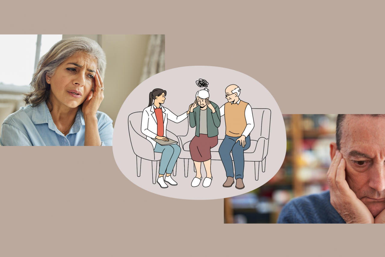 illustration of female doctor talking with elderly woman suffering from memory loss alongside relative; photo of elderly woman looking confused possibly from memory loss; photo of elderly man looking pensive and anxious possibly from memory loss