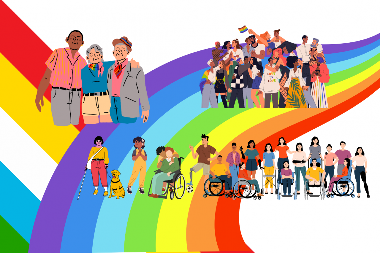 Pride & Disability Pride flags background with community members illustrated