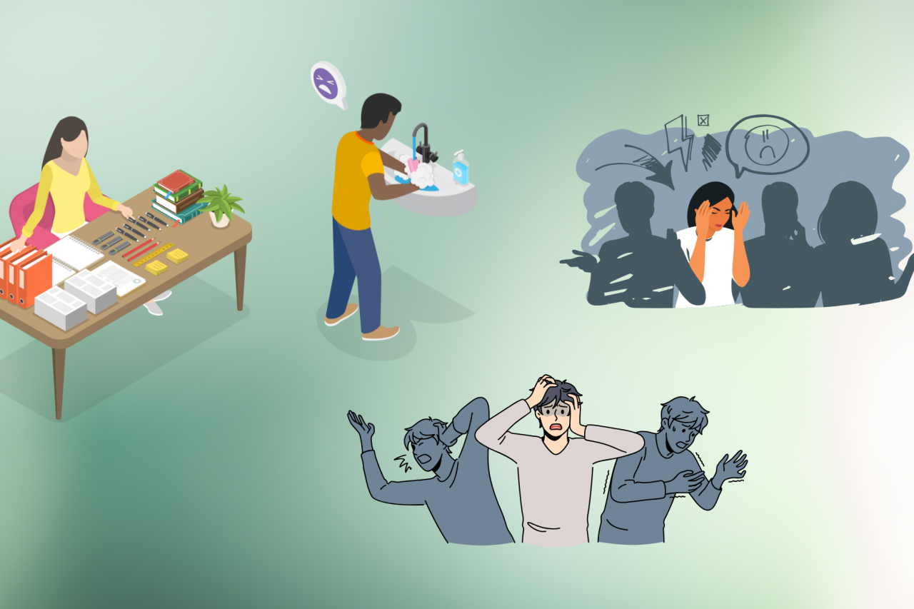 illustrations of woman with OCD perfectionism at a desk lining up items in a specific order, a man with OCD washing his hands constantly; a young woman experiencing anxiety in a crowd of people, and a young man experiencing inner fear and panic anxiety