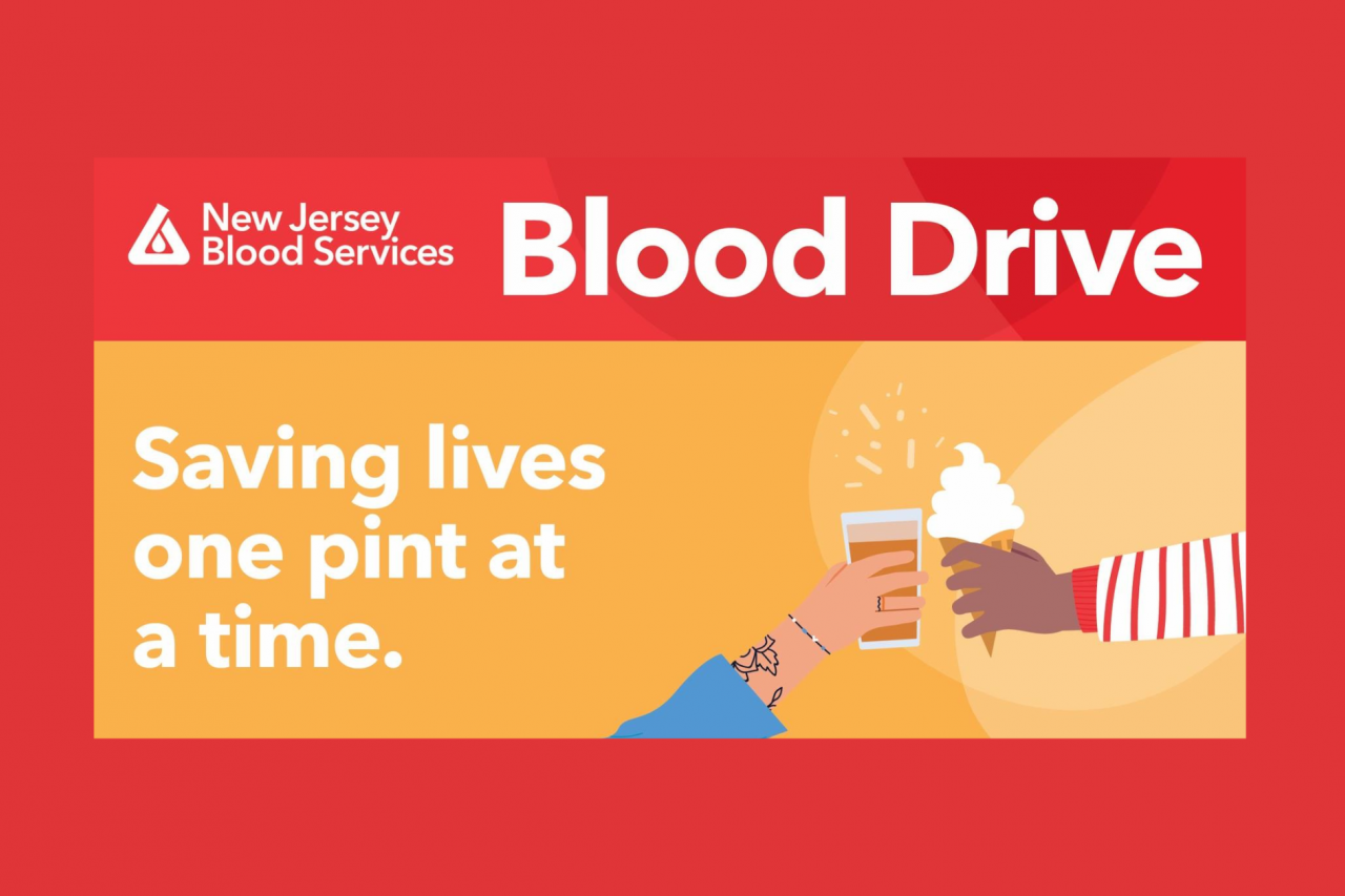 Vector art of one arm stretched out with a beverage in a cup toasting with another stretched out arm holding an ice cream cone dessert. New Jersey Blood Services logo with text reading "Blood Drive" and "Saving lives one pint at a time"