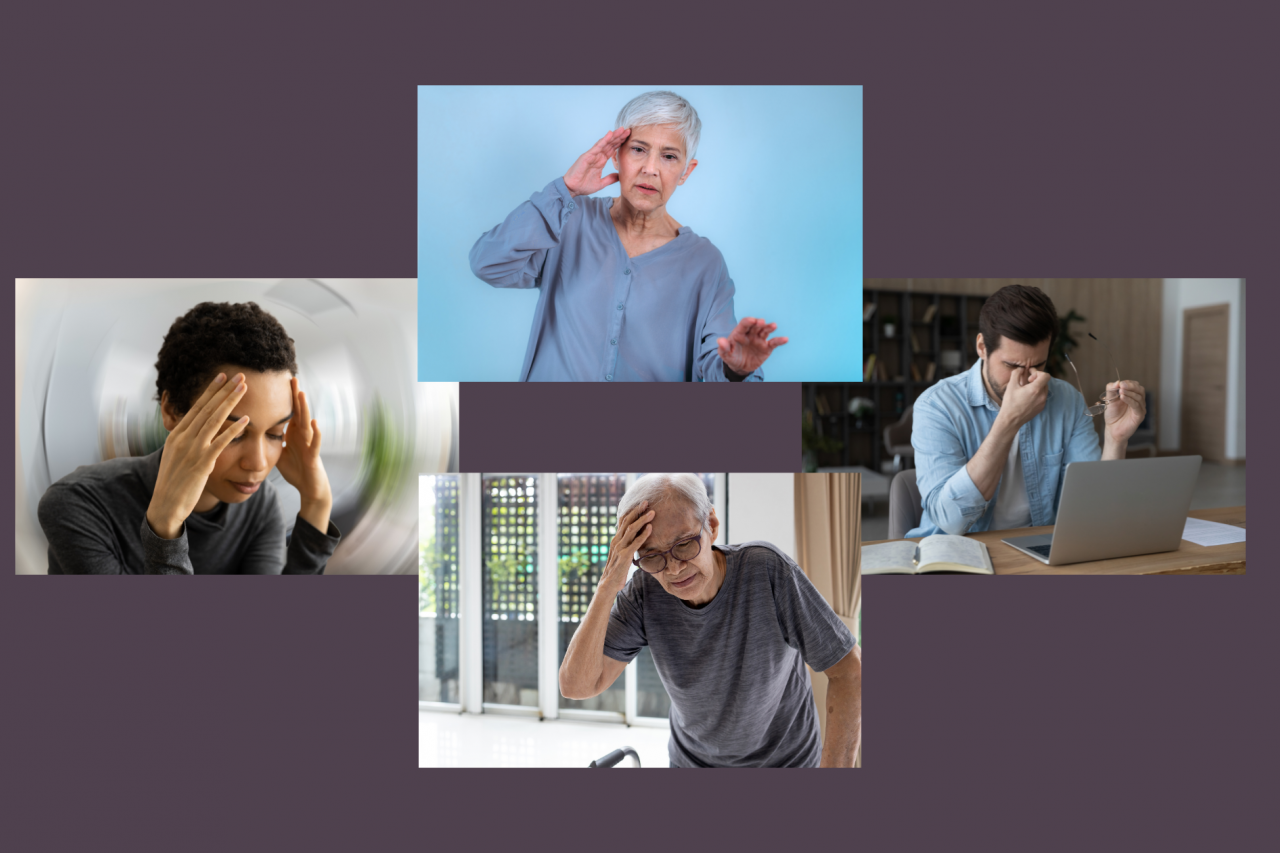 Four pictures of young and older adults experiencing different kinds of dizziness