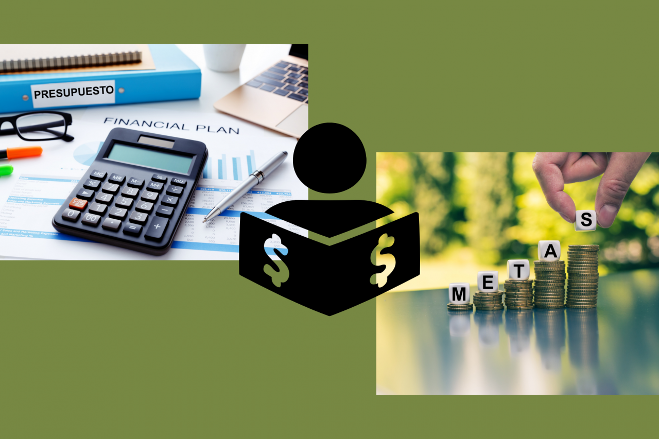 A la izquierda, imagen de un escritorio con papeles, cuadernos, archivador, anteojos y lapiceros para un concepto de planificación financiera y de presupuesto. Al centro, gráfico vectorial de una persona estudiando un libro sobre conocimientos básicos de finanzas. A la derecha, imagen de una mano colocando dados sobre pilas de monedas aumentando en altura de izquierda a derecha para formar la palabra “METAS”.