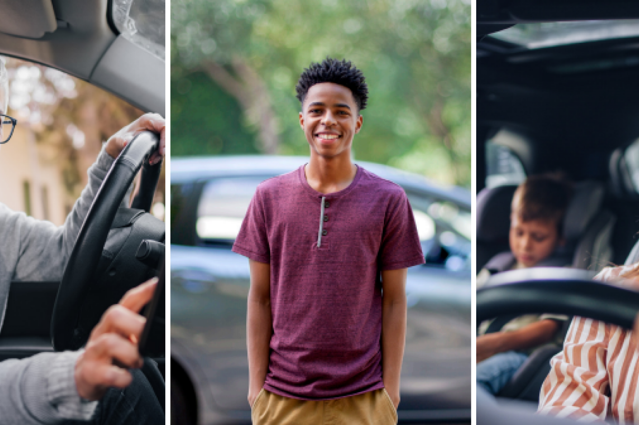 Three images, side by side, of car drivers from different age groups. Left image: older adult woman driver checking her car settings. Center image: teenage boy standing next to his car. Right image: adult woman with hands on the steering wheel focusing on driving.