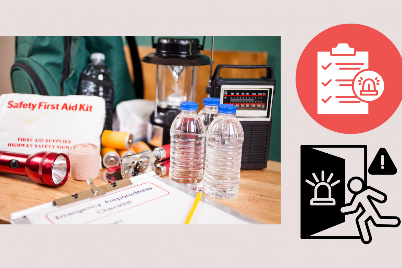 On a tabletop, an emergency preparedness checklist on clipboard with pencil, and emergency supplies with a backpack, including flashlight, batteries, water bottles, first aid kit, lantern, radio, and mask.