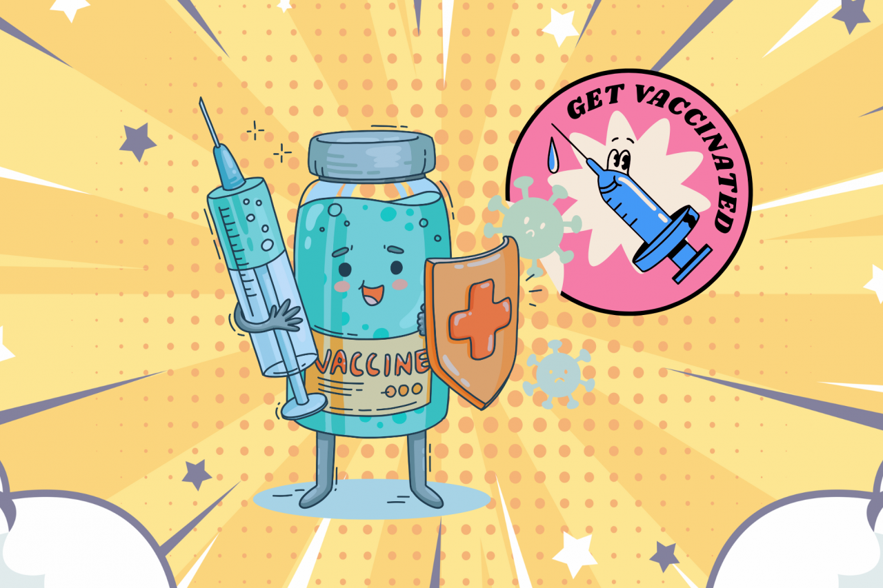 illustration of anthropomorphic vaccine carrying a syringe and a shield, with a message stating 'get vaccinated'