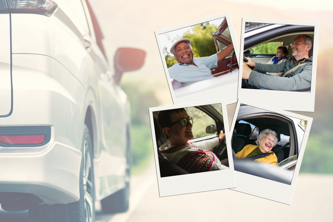 The background is a white car driving down a suburban road. The foreground has four photos of different older adults and seniors driving a car.