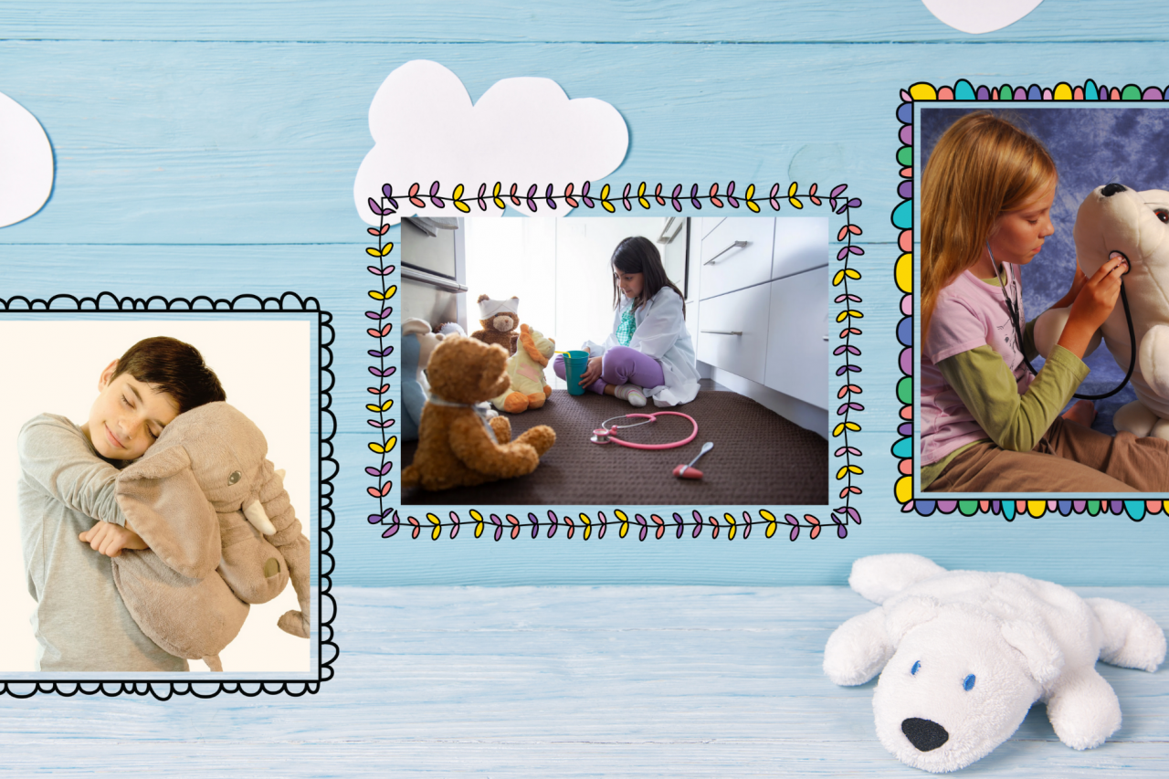 3 pictures of kids playing with their stuffed animals and giving them health checkups with a wall decorated as a blue sky background and a white stuffed bear toy at the bottom