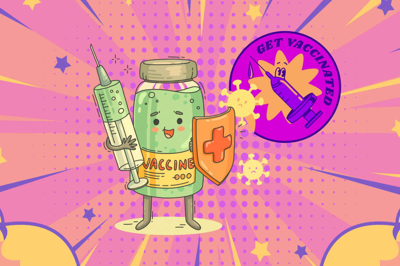 illustration of anthropomorphic vaccine carrying a syringe and a shield, with a message stating 'get vaccinated'
