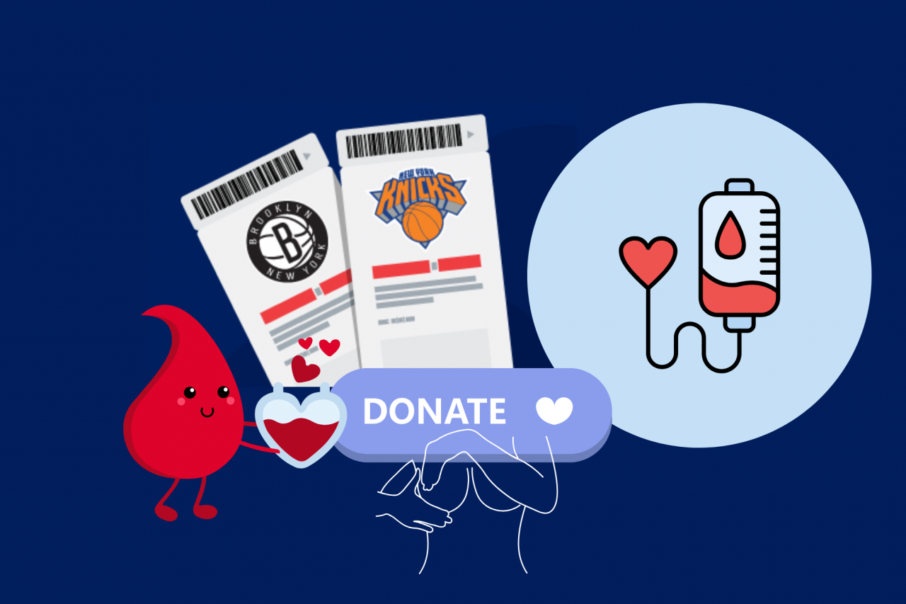 Illustration of anthropomorphic blood drop holding a heart-shaped blood bag in front of two basketball game tickets with Brooklyn Nets and New York Knicks logos, with a "donate" sign in front of it. Illustration on the right of a blood bag filling a heart with blood. At the bottom, line art of a person doing a breast self-exam for Breast Cancer Awareness Month.