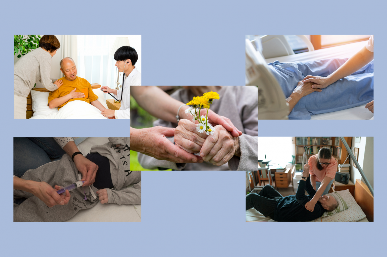 Center image: elderly woman’s hands holding a flower bouquet while her hands are held by her caregiver’s hands. Top left image: Doctor doing a house call for a man in pain who is being comforted and cared for by his wife. Top right image: Elderly person in hospital bed receiving a comforting hand. Bottom left image: Child receiving palliative care by a parent. Bottom right image: A home health aide providing care for an elderly man in bed.