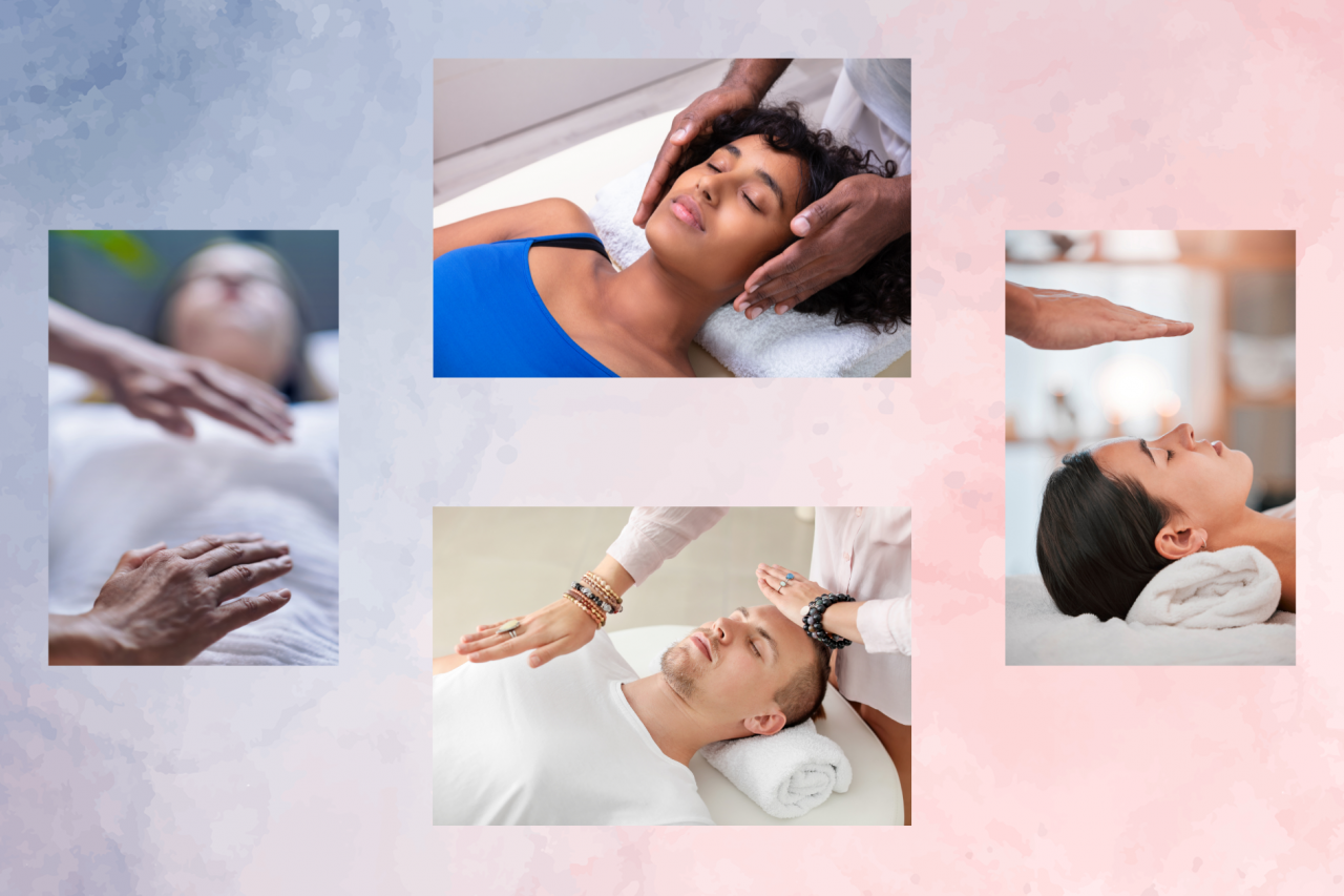 Four images of people experiencing a reiki session.