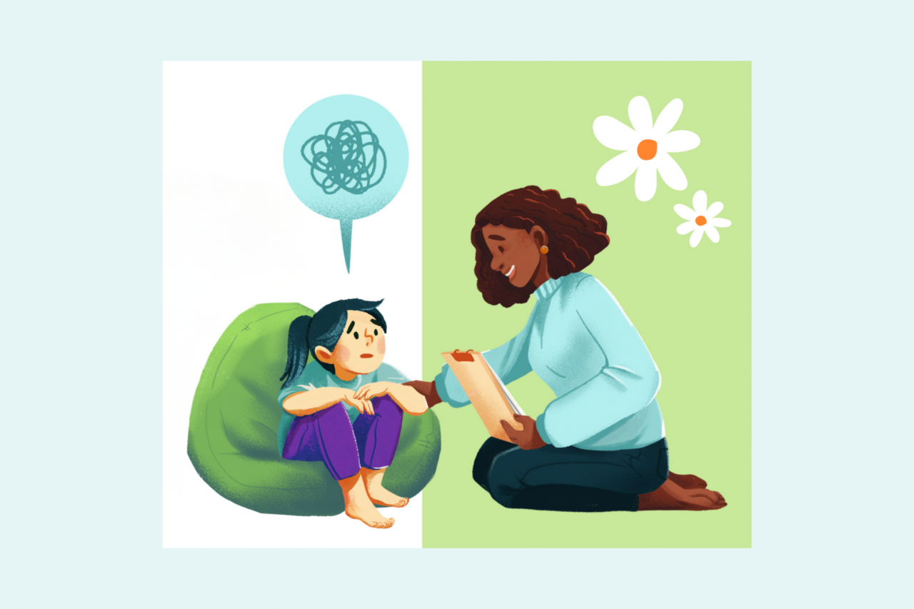 Illustration of an adult woman kneeling on the floor comforting or calmly talking with an anxious child sitting on a bean bag.