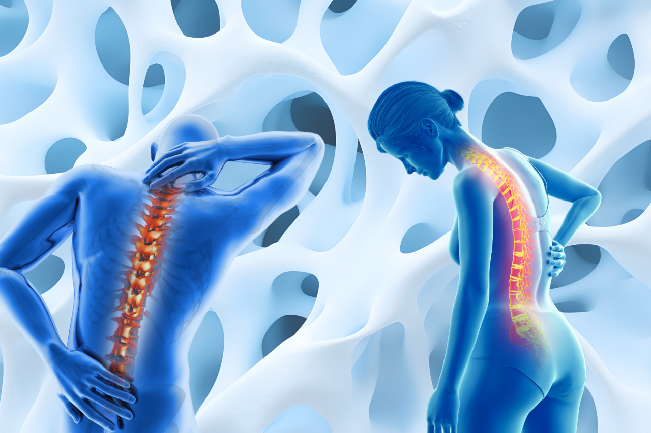 Illustration of man and woman having back pain with the spine highlighted in red.