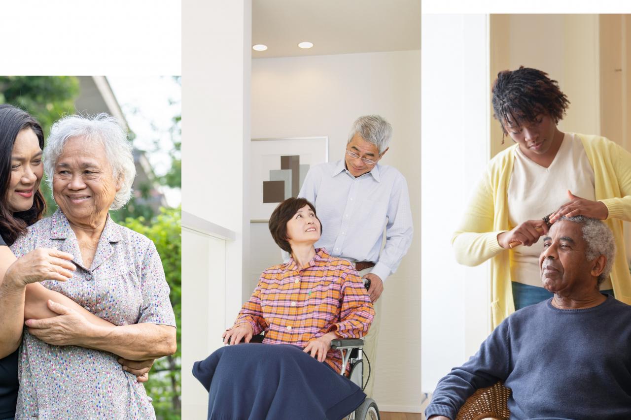 Three images of 3 different caretaking scenarios: daughter hugging mother; husband assisting wife in her wheelchair; granddaughter brushing grandfather's hair.