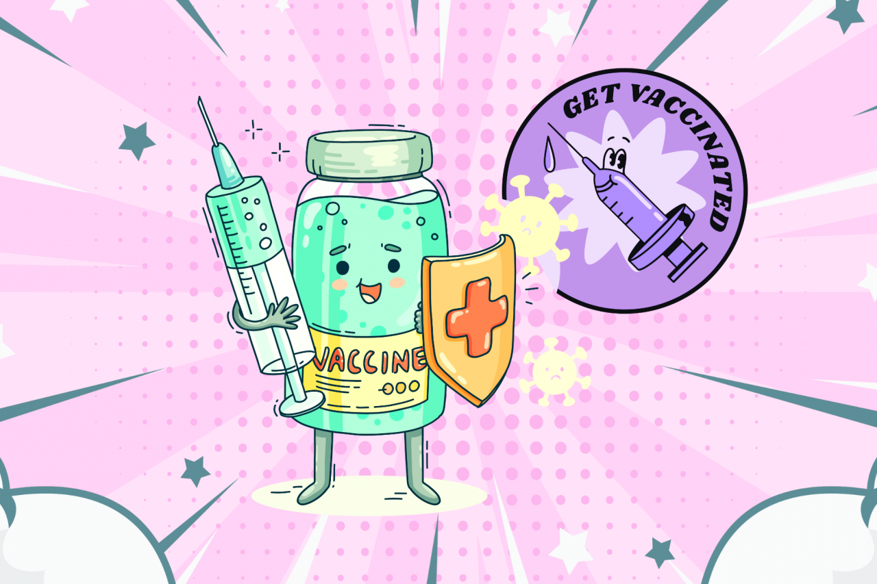 illustration of anthropomorphic vaccine carrying a syringe and a shield, with a message stating 'get vaccinated'