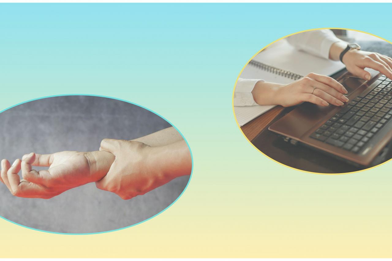 Left: image of a person gripping one of their wrists in pain. Right: image of a person typing on their laptop.