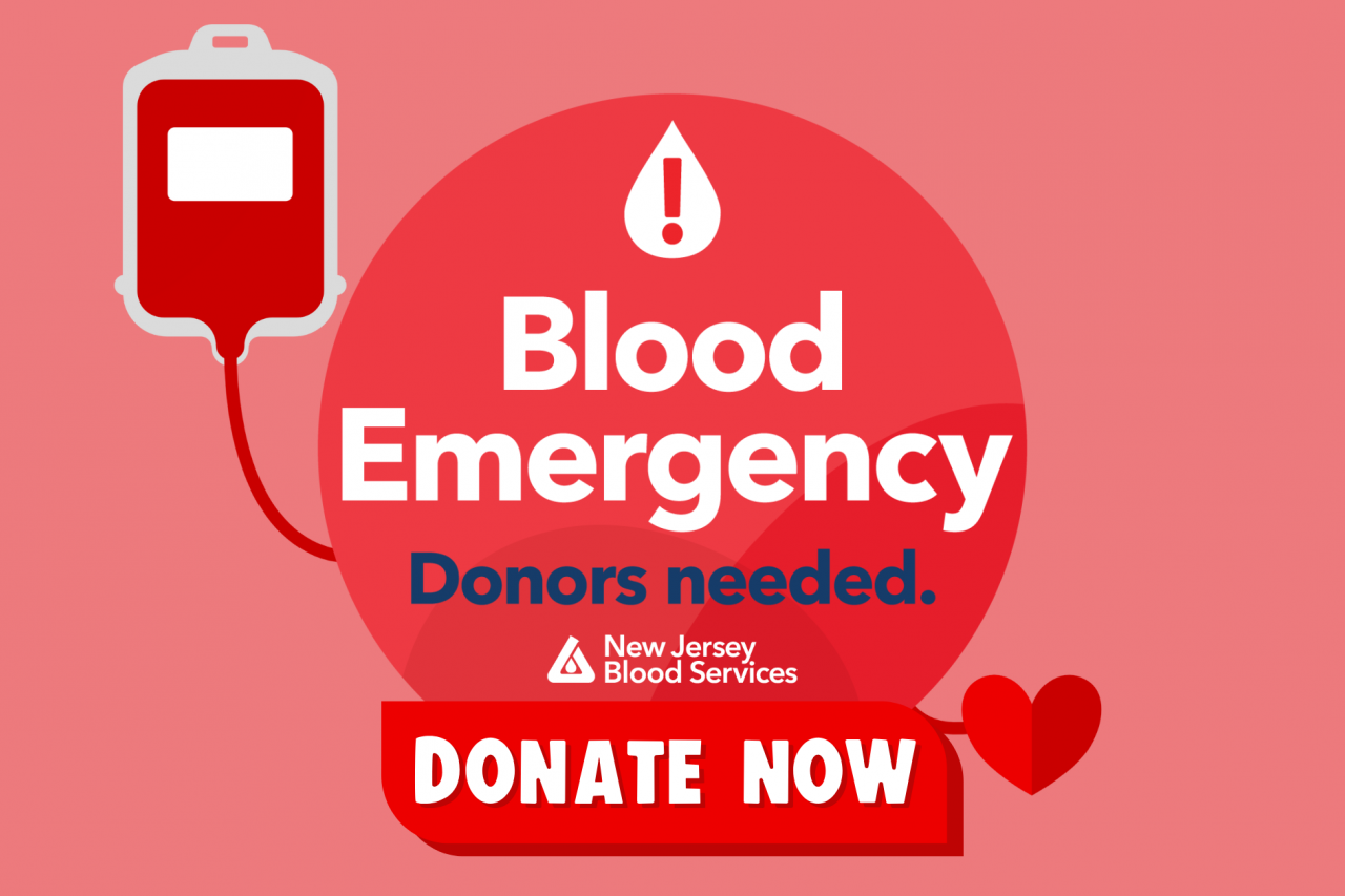background vector art of floating blood bag connecting to a heart; a red circle with NJBS logo and text reading "Blood Emergency. Donors needed.” Below the red circle is a sign with text “Donate now.”