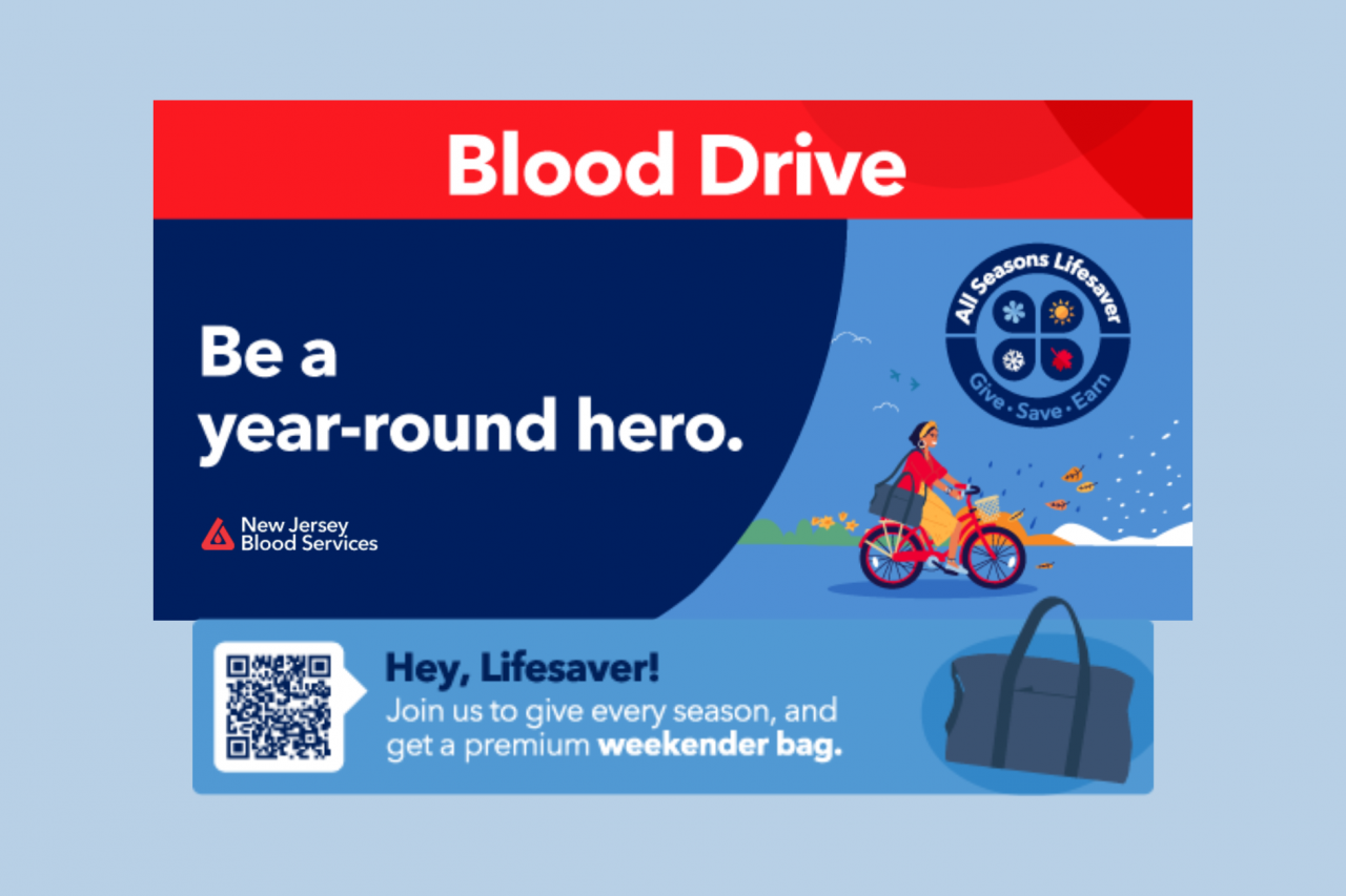 Text: Blood Drive. Be a year-round hero. All Seasons Lifesaver. Give. Save. Earn. Hey, Lifesaver! Join us to give every season, and get a premium weekender bag. Vector illustration: woman riding a bike while holding a weekender bag.
