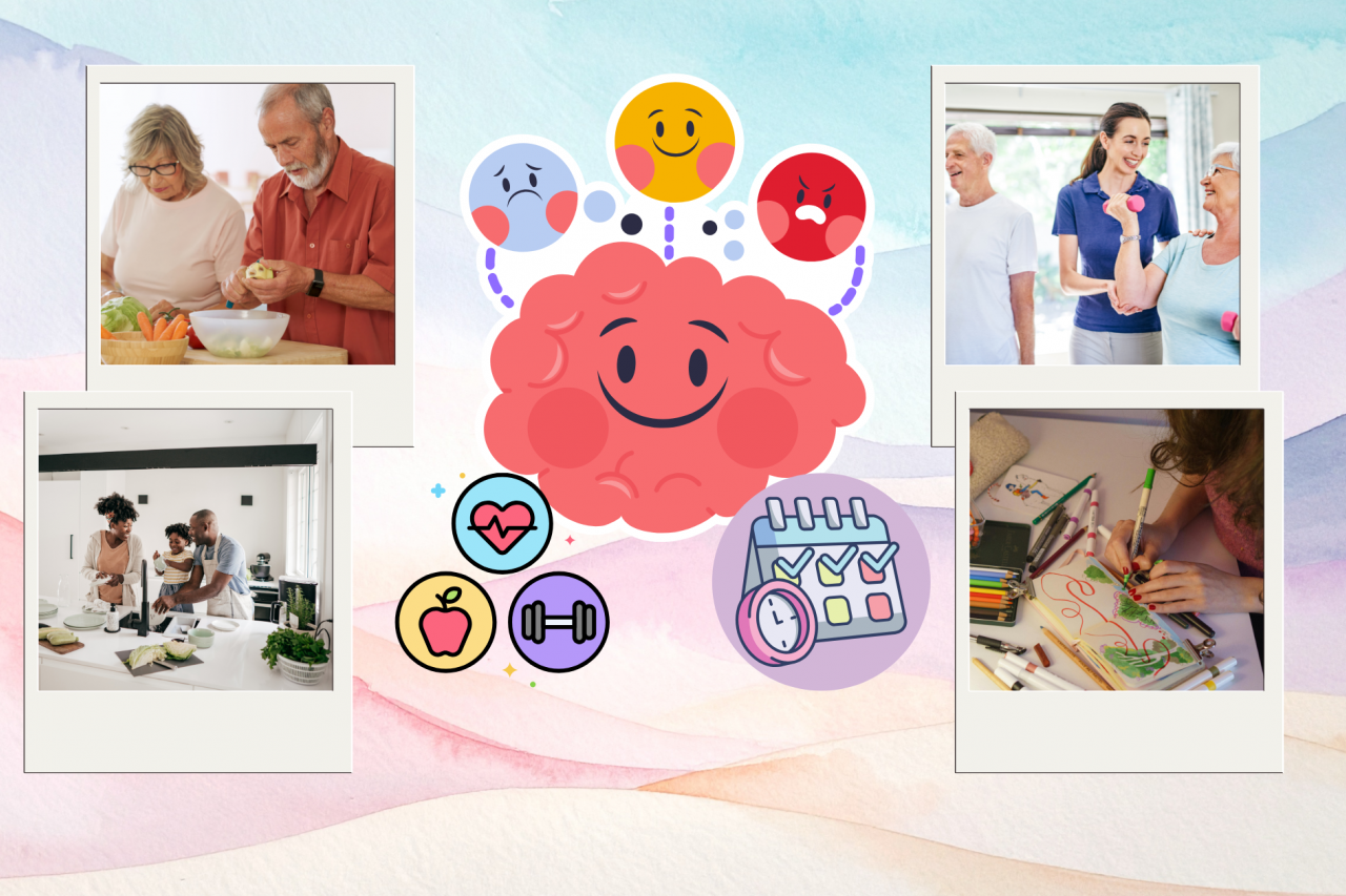 At the center, illustrations of a healthy lifestyle icon and daily routine calendar icon below an anthropomorphic brain that is processing emotions, such as sadness, joy, and anger. On the left, Images of an older couple preparing health food and a young family teaching their child about healthy eating habits while spending family time in the kitchen. On the right, images of older adults enjoying doing exercise with their fitness instructor, and a young woman drawing as part of her hobbies.