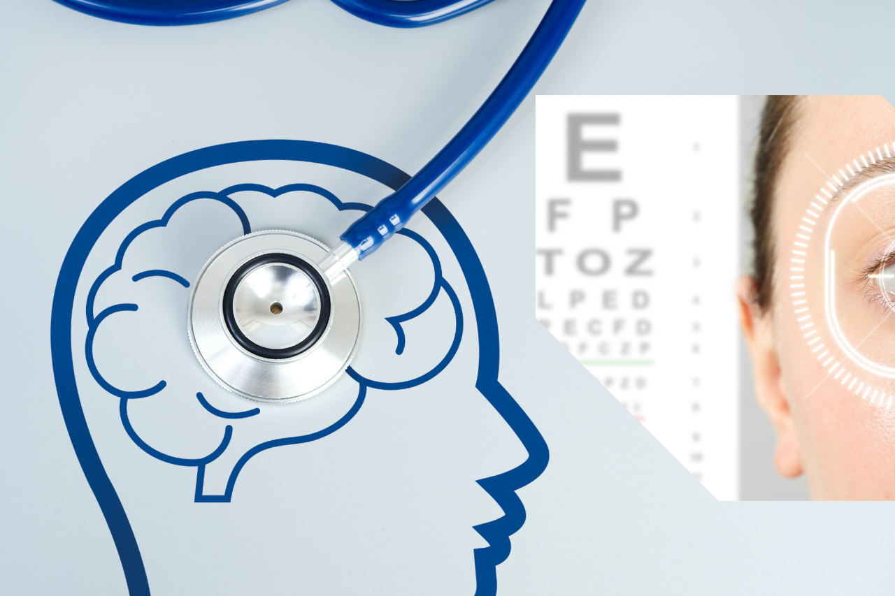 An image of a stethoscope on top of an illustrated human head and brain in reference to cognitive health, alongside an image of a young woman having a vision assessment with an eye chart.