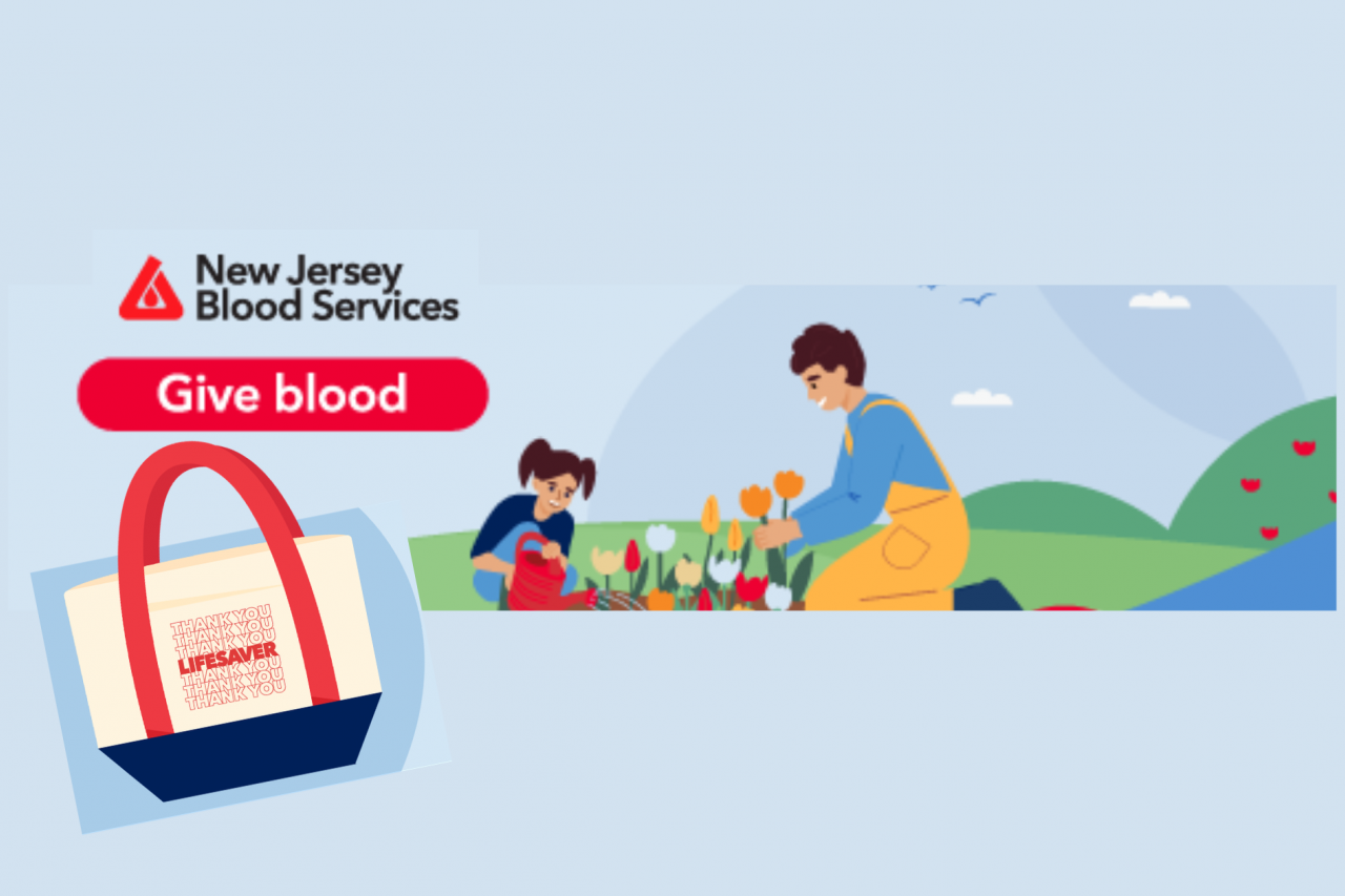 Illustration of people planting flowers alongside a logo for New Jersey Blood Services and the mini tote bag.