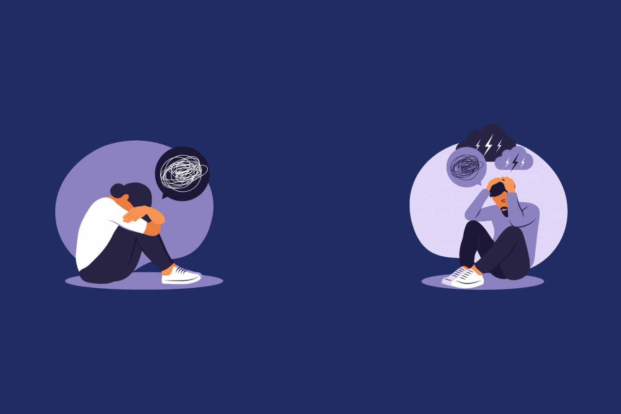 Illustrations of a young woman with her head resting on her knees while sad and a young man with his hands on his head in frustration.