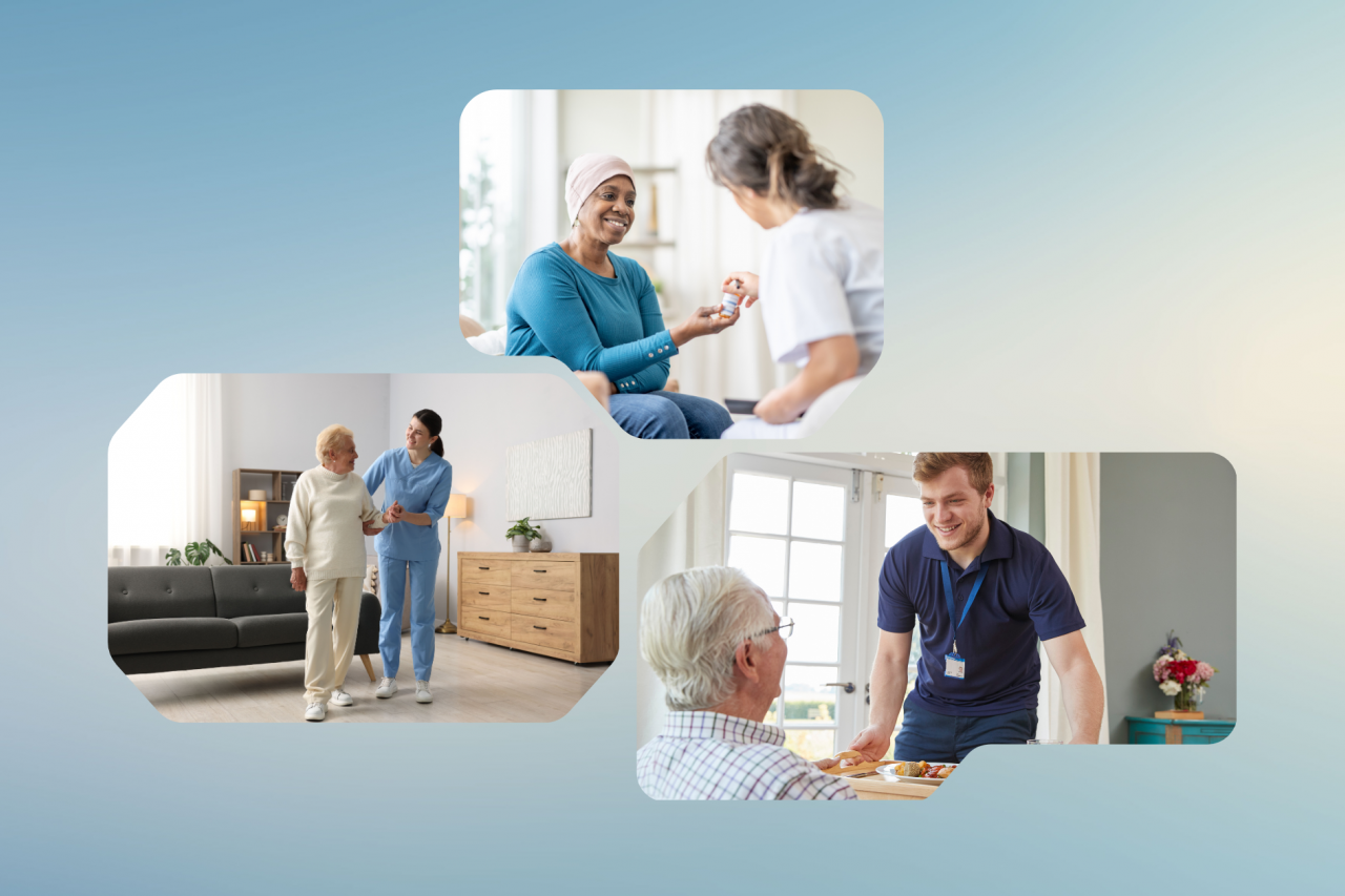 Top image: elderly woman receives a home care visit from a female health care provider to discuss medication; left image: a female nurse assists a senior woman to walk during a home health care visit; right image: a male home care worker helps to serve dinner to a senior man at his home.